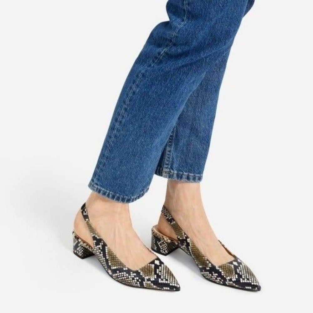 Everlane The Editor Snakeskin Slingback Flats 7 Leather Black Multi